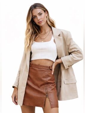 NWT Free People Faux‎ Leather Mini Skirt Zip Slit Brown Festival Chic